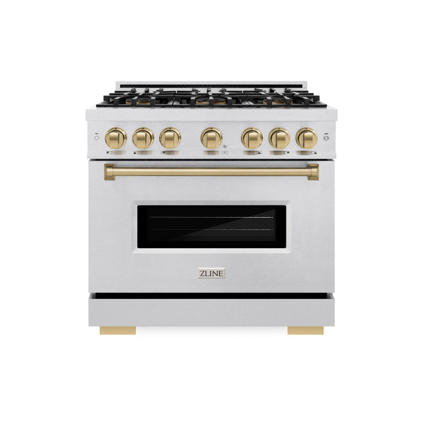 ZLINE Autograph Edition 36 in. 5.2 cu. ft. Classic Dual Fuel Range with 6 Burner DuoPro™ Cooktop and Electric Convection Oven in Satin Stainless Steel and Champagne Bronze Accents (PCDRSZ-36-CB)