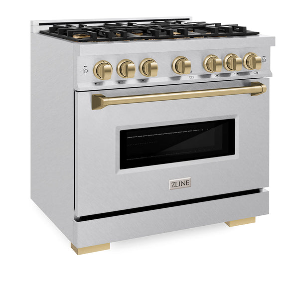 ZLINE Autograph Edition 36 in. 5.2 cu. ft. Classic Dual Fuel Range with 6 Burner DuoPro™ Cooktop and Electric Convection Oven in Satin Stainless Steel and Champagne Bronze Accents, Open Box-Good Condition