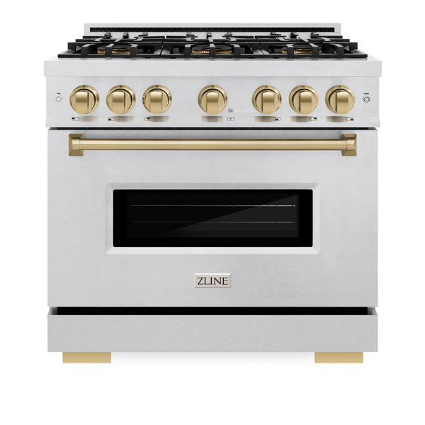 ZLINE Autograph Edition 36 in. 5.2 cu. ft. Classic Dual Fuel Range with 6 Burner DuoPro™ Cooktop and Electric Convection Oven in Satin Stainless Steel and Champagne Bronze Accents (PCDRSZ-36-CB)