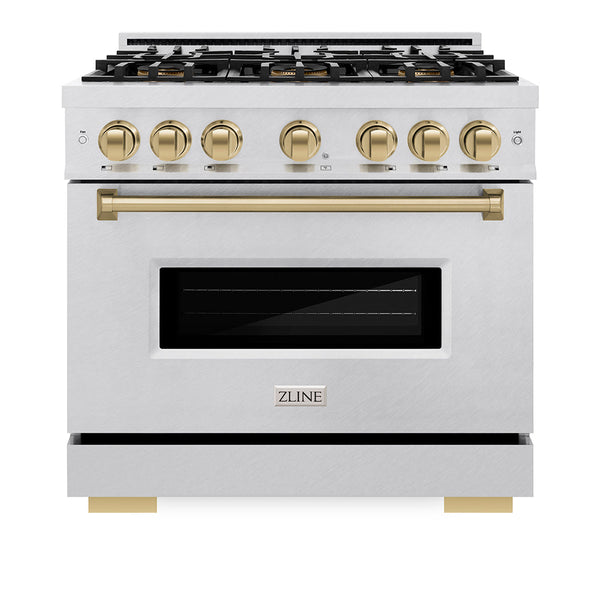 ZLINE Autograph Edition 36 in. 5.2 cu. ft. Classic Dual Fuel Range with 6 Burner DuoPro™ Cooktop and Electric Convection Oven in Satin Stainless Steel and Champagne Bronze Accents, Open Box-Good Condition