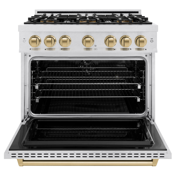 ZLINE Autograph Edition 36 in. 5.2 cu. ft. Classic Dual Fuel Range with 6 Burner DuoPro™ Cooktop and Electric Convection Oven in Satin Stainless Steel and Champagne Bronze Accents (PCDRSZ-36-CB)