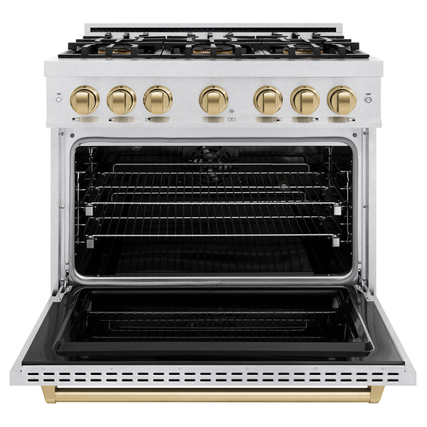 ZLINE Autograph Edition 36 in. 5.2 cu. ft. Classic Dual Fuel Range with 6 Burner DuoPro™ Cooktop and Electric Convection Oven in Satin Stainless Steel and Champagne Bronze Accents, Open Box-Good Condition