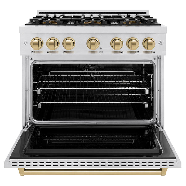 ZLINE Autograph Edition 36 in. 5.2 cu. ft. Classic Dual Fuel Range with 6 Burner DuoPro™ Cooktop and Electric Convection Oven in Satin Stainless Steel and Champagne Bronze Accents (PCDRSZ-36-CB)
