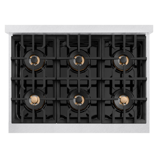 ZLINE Autograph Edition 36 in. 5.2 cu. ft. Classic Dual Fuel Range with 6 Burner DuoPro™ Cooktop and Electric Convection Oven in Satin Stainless Steel and Champagne Bronze Accents (PCDRSZ-36-CB)