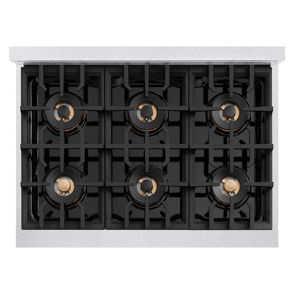 ZLINE Autograph Edition 36 in. 5.2 cu. ft. Classic Dual Fuel Range with 6 Burner DuoPro™ Cooktop and Electric Convection Oven in Satin Stainless Steel and Champagne Bronze Accents, Open Box-Good Condition