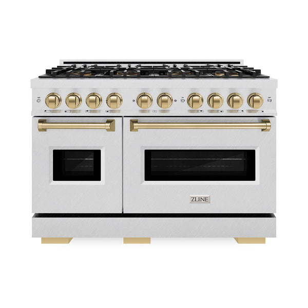 ZLINE Autograph Edition 48 in. 6.7 cu. ft. Classic Dual Fuel Range with 8 Burner DuoPro™ Cooktop and Dual Ovens in Satin Stainless Steel and Champagne Bronze Accents (PCDRSZ-48-CB)