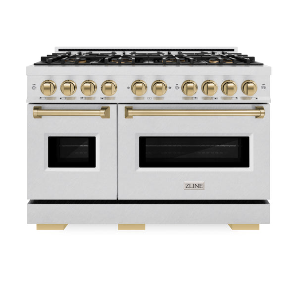 ZLINE Autograph Edition 48 in. 6.7 cu. ft. Classic Dual Fuel Range with 8 Burner DuoPro™ Cooktop and Dual Ovens in Satin Stainless Steel and Champagne Bronze Accents (PCDRSZ-48-CB)