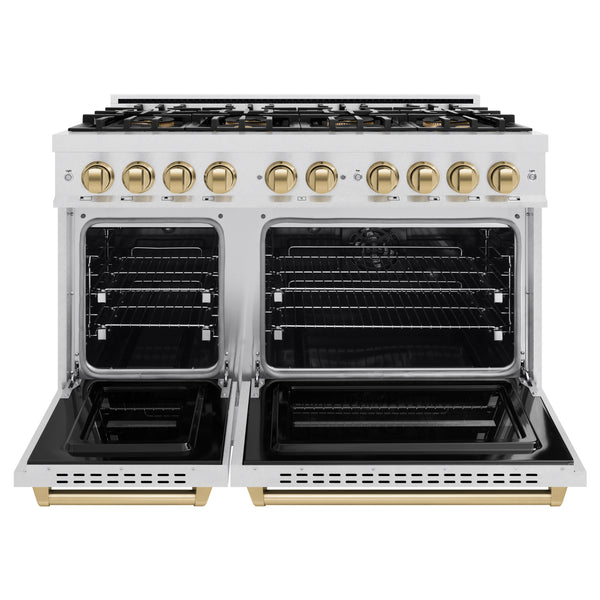 ZLINE Autograph Edition 48 in. 6.7 cu. ft. Classic Dual Fuel Range with 8 Burner DuoPro™ Cooktop and Dual Ovens in Satin Stainless Steel and Champagne Bronze Accents (PCDRSZ-48-CB)