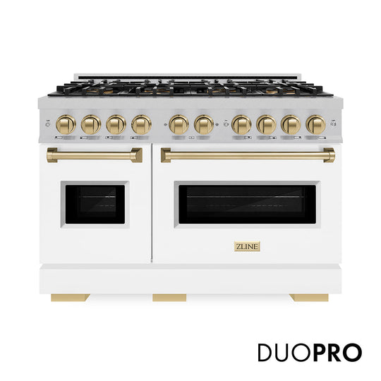 ZLINE Autograph Edition 48 in. 6.7 cu. ft. Classic Dual Fuel Range with 8 Burner DuoPro™ Cooktop and Dual Ovens in Satin Stainless Steel with White Matte Doors and Champagne Bronze Accents, Open Box-Good Condition