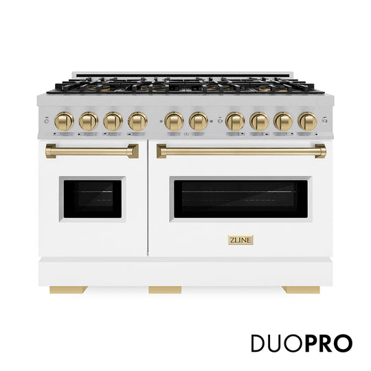 ZLINE Autograph Edition 48 in. 6.7 cu. ft. Classic Dual Fuel Range with 8 Burner DuoPro™ Cooktop and Dual Ovens in Satin Stainless Steel with White Matte Doors and Champagne Bronze Accents (PCDRSZ-WM-48-CB)