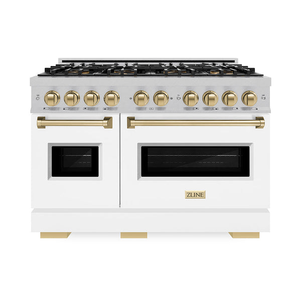 ZLINE Autograph Edition 48 in. 6.7 cu. ft. Classic Dual Fuel Range with 8 Burner DuoPro™ Cooktop and Dual Ovens in Satin Stainless Steel with White Matte Doors and Champagne Bronze Accents, Open Box-Good Condition
