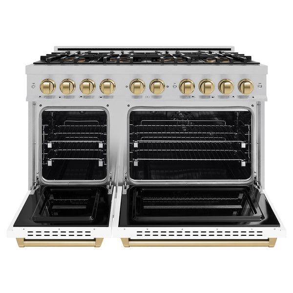 ZLINE Autograph Edition 48 in. 6.7 cu. ft. Classic Dual Fuel Range with 8 Burner DuoPro™ Cooktop and Dual Ovens in Satin Stainless Steel with White Matte Doors and Champagne Bronze Accents (PCDRSZ-WM-48-CB)