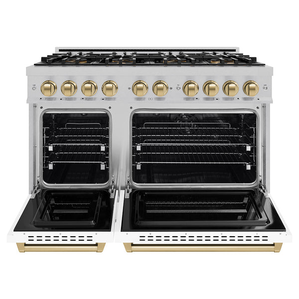 ZLINE Autograph Edition 48 in. 6.7 cu. ft. Classic Dual Fuel Range with 8 Burner DuoPro™ Cooktop and Dual Ovens in Satin Stainless Steel with White Matte Doors and Champagne Bronze Accents, Open Box-Good Condition