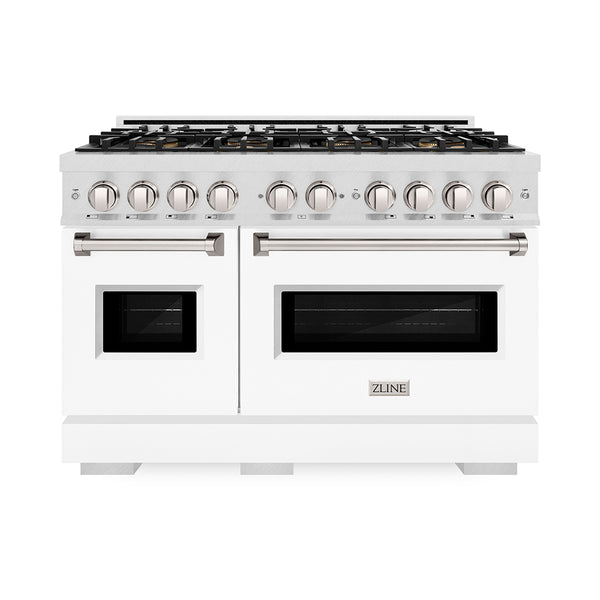 ZLINE 48 in. 6.7 cu. ft. Classic Gas Range with 8 Burner DuoPro™ Cooktop and Dual Ovens in Satin Stainless Steel with White Matte Doors (PCGRS-WM-48)