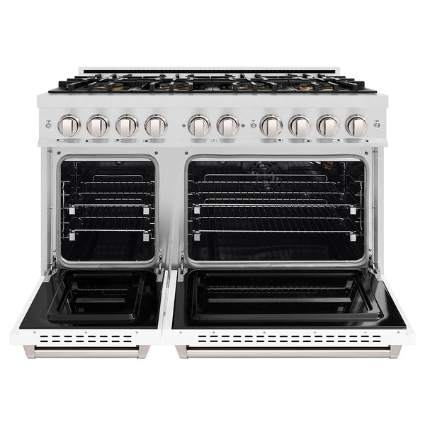 ZLINE 48 in. 6.7 cu. ft. Classic Gas Range with 8 Burner DuoPro™ Cooktop and Dual Ovens in Satin Stainless Steel with White Matte Doors (PCGRS-WM-48)