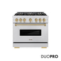 ZLINE Autograph Edition 36 in. 5.2 cu. ft. Classic Gas Range with 6 Burner DuoPro™ Cooktop and Convection Gas Oven in Satin Stainless Steel and Champagne Bronze Accents, Open Box-Good Condition