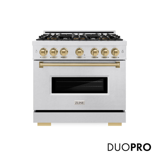 ZLINE Autograph Edition 36 in. 5.2 cu. ft. Classic Gas Range with 6 Burner DuoPro™ Cooktop and Convection Gas Oven in Satin Stainless Steel and Champagne Bronze Accents, Open Box-Good Condition