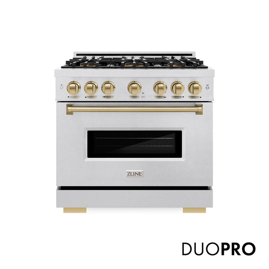 ZLINE Autograph Edition 36 in. 5.2 cu. ft. Classic Gas Range with 6 Burner DuoPro™ Cooktop and Convection Gas Oven in Satin Stainless Steel and Champagne Bronze Accents (PCGRSZ-36-CB)