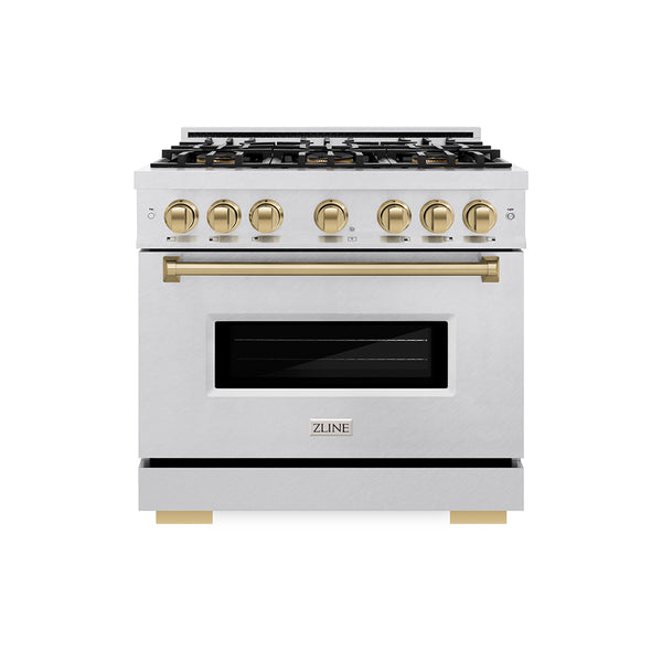 ZLINE Autograph Edition 36 in. 5.2 cu. ft. Classic Gas Range with 6 Burner DuoPro™ Cooktop and Convection Gas Oven in Satin Stainless Steel and Champagne Bronze Accents (PCGRSZ-36-CB)