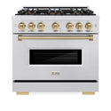ZLINE Autograph Edition 36 in. 5.2 cu. ft. Classic Gas Range with 6 Burner DuoPro™ Cooktop and Convection Gas Oven in Satin Stainless Steel and Champagne Bronze Accents (PCGRSZ-36-CB)