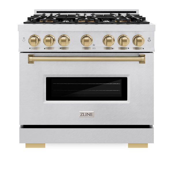 ZLINE Autograph Edition 36 in. 5.2 cu. ft. Classic Gas Range with 6 Burner DuoPro™ Cooktop and Convection Gas Oven in Satin Stainless Steel and Champagne Bronze Accents (PCGRSZ-36-CB)