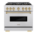 ZLINE Autograph Edition 36 in. 5.2 cu. ft. Classic Gas Range with 6 Burner DuoPro™ Cooktop and Convection Gas Oven in Satin Stainless Steel and Champagne Bronze Accents, Open Box-Good Condition