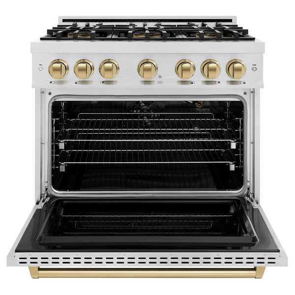 ZLINE Autograph Edition 36 in. 5.2 cu. ft. Classic Gas Range with 6 Burner DuoPro™ Cooktop and Convection Gas Oven in Satin Stainless Steel and Champagne Bronze Accents, Open Box-Good Condition