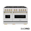 ZLINE Autograph Edition 48 in. 6.7 cu. ft. Classic Gas Range with 8 Burner DuoPro™ Cooktop and Dual Ovens in Satin Stainless Steel and Champagne Bronze Accents (PCGRSZ-48-CB)