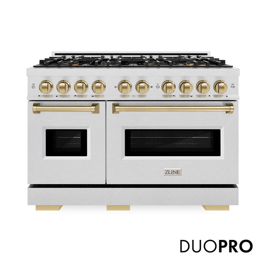 ZLINE Autograph Edition 48 in. 6.7 cu. ft. Classic Gas Range with 8 Burner DuoPro™ Cooktop and Dual Ovens in Satin Stainless Steel and Champagne Bronze Accents (PCGRSZ-48-CB)