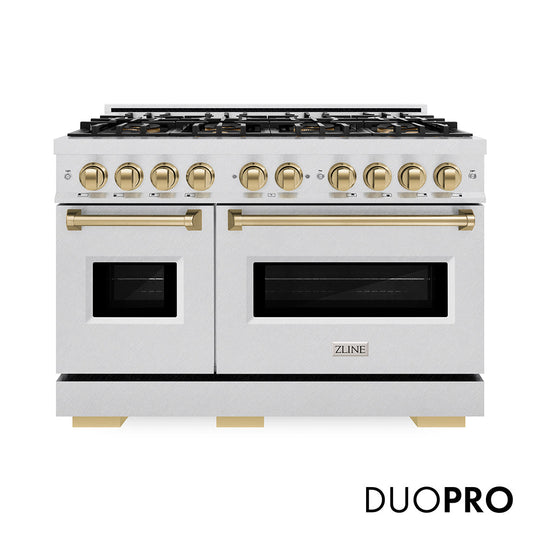 ZLINE Autograph Edition 48 in. 6.7 cu. ft. Classic Gas Range with 8 Burner DuoPro™ Cooktop and Dual Ovens in Satin Stainless Steel and Champagne Bronze Accents, Open Box-Good Condition