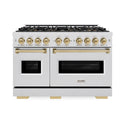 ZLINE Autograph Edition 48 in. 6.7 cu. ft. Classic Gas Range with 8 Burner DuoPro™ Cooktop and Dual Ovens in Satin Stainless Steel and Champagne Bronze Accents, Open Box-Good Condition