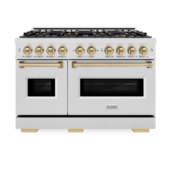ZLINE Autograph Edition 48 in. 6.7 cu. ft. Classic Gas Range with 8 Burner DuoPro™ Cooktop and Dual Ovens in Satin Stainless Steel and Champagne Bronze Accents (PCGRSZ-48-CB)