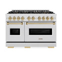 ZLINE Autograph Edition 48 in. 6.7 cu. ft. Classic Gas Range with 8 Burner DuoPro™ Cooktop and Dual Ovens in Satin Stainless Steel and Champagne Bronze Accents, Open Box-Good Condition