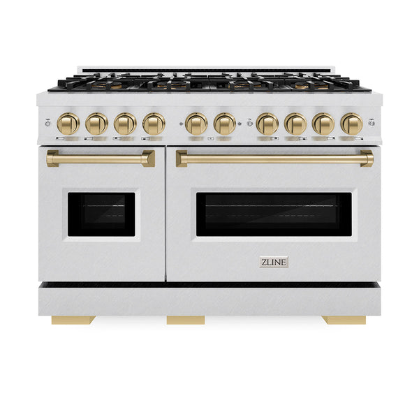 ZLINE Autograph Edition 48 in. 6.7 cu. ft. Classic Gas Range with 8 Burner DuoPro™ Cooktop and Dual Ovens in Satin Stainless Steel and Champagne Bronze Accents, Open Box-Good Condition