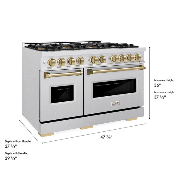 ZLINE Autograph Edition 48 in. 6.7 cu. ft. Classic Gas Range with 8 Burner DuoPro™ Cooktop and Dual Ovens in Satin Stainless Steel and Champagne Bronze Accents, Open Box-Good Condition