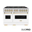 ZLINE Autograph Edition 48 in. 6.7 cu. ft. Classic Gas Range with 8 Burner DuoPro™ Cooktop and Dual Ovens in Satin Stainless Steel with White Matte Doors and Champagne Bronze Accents (PCGRSZ-WM-48-CB)