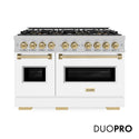 ZLINE Autograph Edition 48 in. 6.7 cu. ft. Classic Gas Range with 8 Burner DuoPro™ Cooktop and Dual Ovens in Satin Stainless Steel with White Matte Doors and Champagne Bronze Accents, Open Box-Good Condition