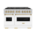 ZLINE Autograph Edition 48 in. 6.7 cu. ft. Classic Gas Range with 8 Burner DuoPro™ Cooktop and Dual Ovens in Satin Stainless Steel with White Matte Doors and Champagne Bronze Accents, Open Box-Good Condition
