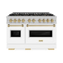 ZLINE Autograph Edition 48 in. 6.7 cu. ft. Classic Gas Range with 8 Burner DuoPro™ Cooktop and Dual Ovens in Satin Stainless Steel with White Matte Doors and Champagne Bronze Accents (PCGRSZ-WM-48-CB)