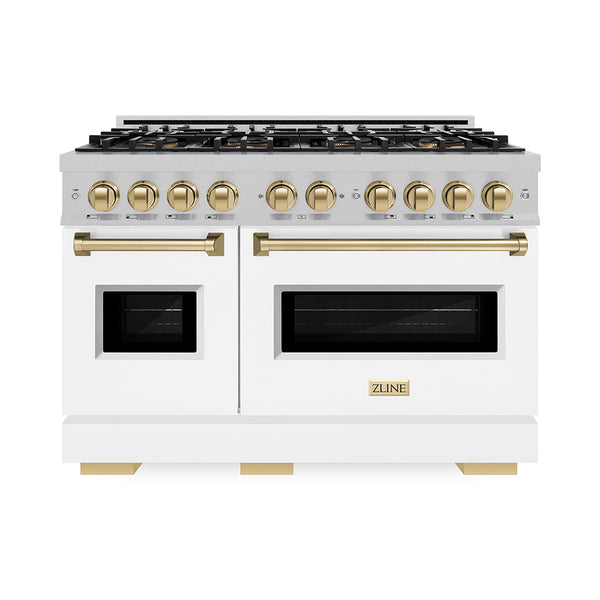 ZLINE Autograph Edition 48 in. 6.7 cu. ft. Classic Gas Range with 8 Burner DuoPro™ Cooktop and Dual Ovens in Satin Stainless Steel with White Matte Doors and Champagne Bronze Accents (PCGRSZ-WM-48-CB)