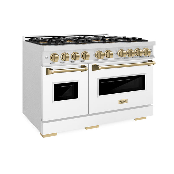 ZLINE Autograph Edition 48 in. 6.7 cu. ft. Classic Gas Range with 8 Burner DuoPro™ Cooktop and Dual Ovens in Satin Stainless Steel with White Matte Doors and Champagne Bronze Accents (PCGRSZ-WM-48-CB)