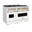 ZLINE Autograph Edition 48 in. 6.7 cu. ft. Classic Gas Range with 8 Burner DuoPro™ Cooktop and Dual Ovens in Satin Stainless Steel with White Matte Doors and Champagne Bronze Accents (PCGRSZ-WM-48-CB)
