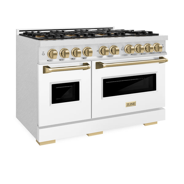 ZLINE Autograph Edition 48 in. 6.7 cu. ft. Classic Gas Range with 8 Burner DuoPro™ Cooktop and Dual Ovens in Satin Stainless Steel with White Matte Doors and Champagne Bronze Accents (PCGRSZ-WM-48-CB)