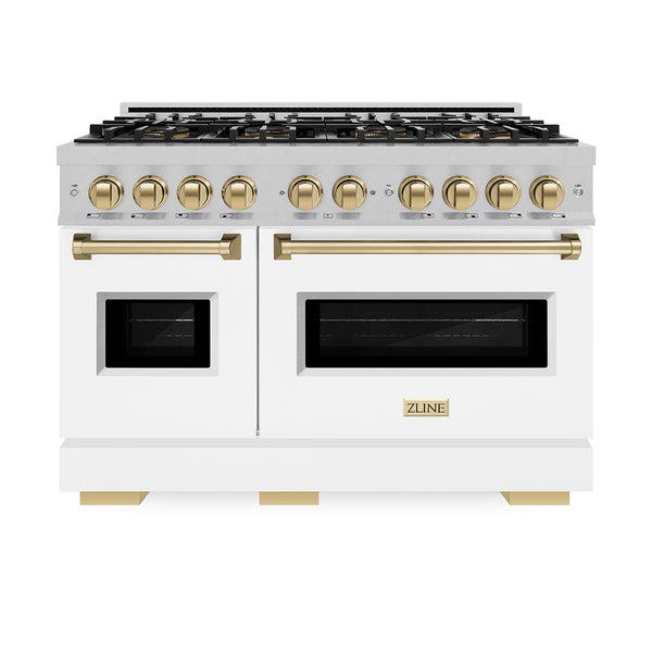 ZLINE Autograph Edition 48 in. 6.7 cu. ft. Classic Gas Range with 8 Burner DuoPro™ Cooktop and Dual Ovens in Satin Stainless Steel with White Matte Doors and Champagne Bronze Accents (PCGRSZ-WM-48-CB)