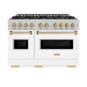 ZLINE Autograph Edition 48 in. 6.7 cu. ft. Classic Gas Range with 8 Burner DuoPro™ Cooktop and Dual Ovens in Satin Stainless Steel with White Matte Doors and Champagne Bronze Accents, Open Box-Good Condition