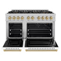 ZLINE Autograph Edition 48 in. 6.7 cu. ft. Classic Gas Range with 8 Burner DuoPro™ Cooktop and Dual Ovens in Satin Stainless Steel with White Matte Doors and Champagne Bronze Accents (PCGRSZ-WM-48-CB)