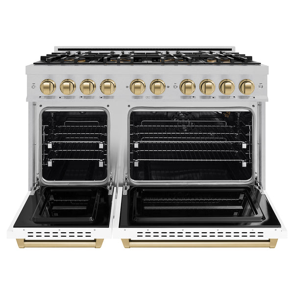 ZLINE Autograph Edition 48 in. 6.7 cu. ft. Classic Gas Range with 8 Burner DuoPro™ Cooktop and Dual Ovens in Satin Stainless Steel with White Matte Doors and Champagne Bronze Accents (PCGRSZ-WM-48-CB)
