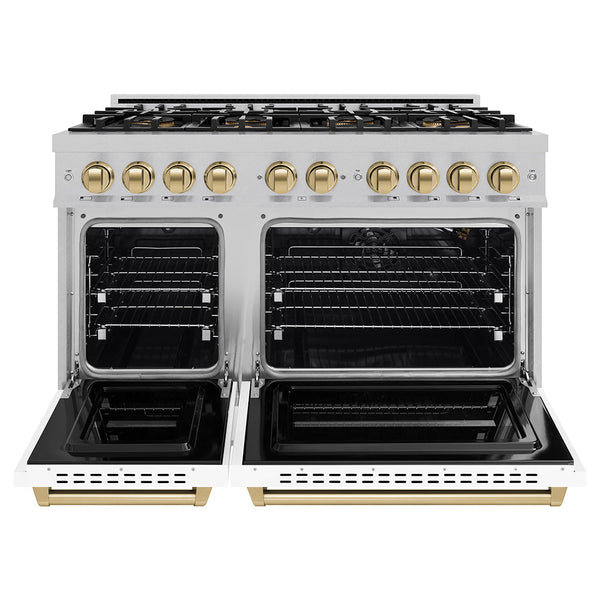 ZLINE Autograph Edition 48 in. 6.7 cu. ft. Classic Gas Range with 8 Burner DuoPro™ Cooktop and Dual Ovens in Satin Stainless Steel with White Matte Doors and Champagne Bronze Accents, Open Box-Good Condition