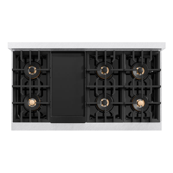 ZLINE Autograph Edition 48 in. 6.7 cu. ft. Classic Gas Range with 8 Burner DuoPro™ Cooktop and Dual Ovens in Satin Stainless Steel with White Matte Doors and Champagne Bronze Accents (PCGRSZ-WM-48-CB)