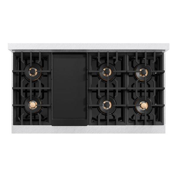 ZLINE Autograph Edition 48 in. 6.7 cu. ft. Classic Gas Range with 8 Burner DuoPro™ Cooktop and Dual Ovens in Satin Stainless Steel with White Matte Doors and Champagne Bronze Accents, Open Box-Good Condition